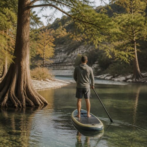 Paddleboarder on a Hala inflatable board on a clear Hill Country river in Central Texas