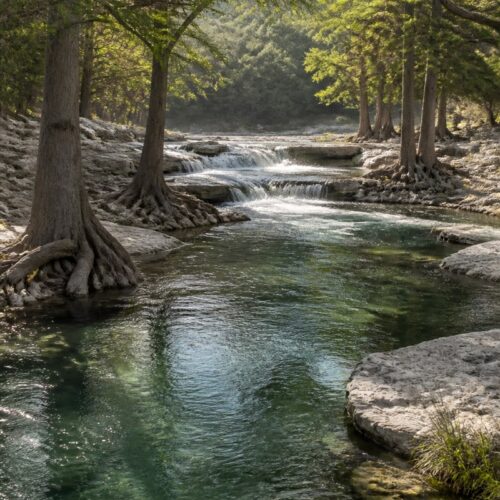 Clear green Hill Country river with small rapids under bald cypress trees